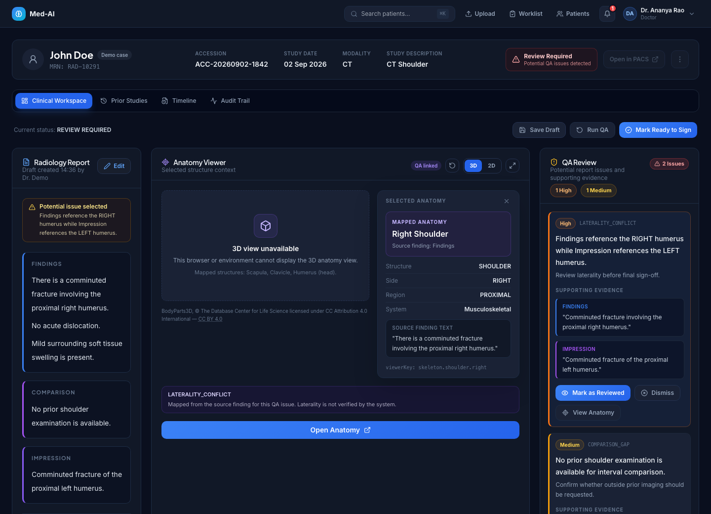 Clinical workspace with report sections and QA review panel