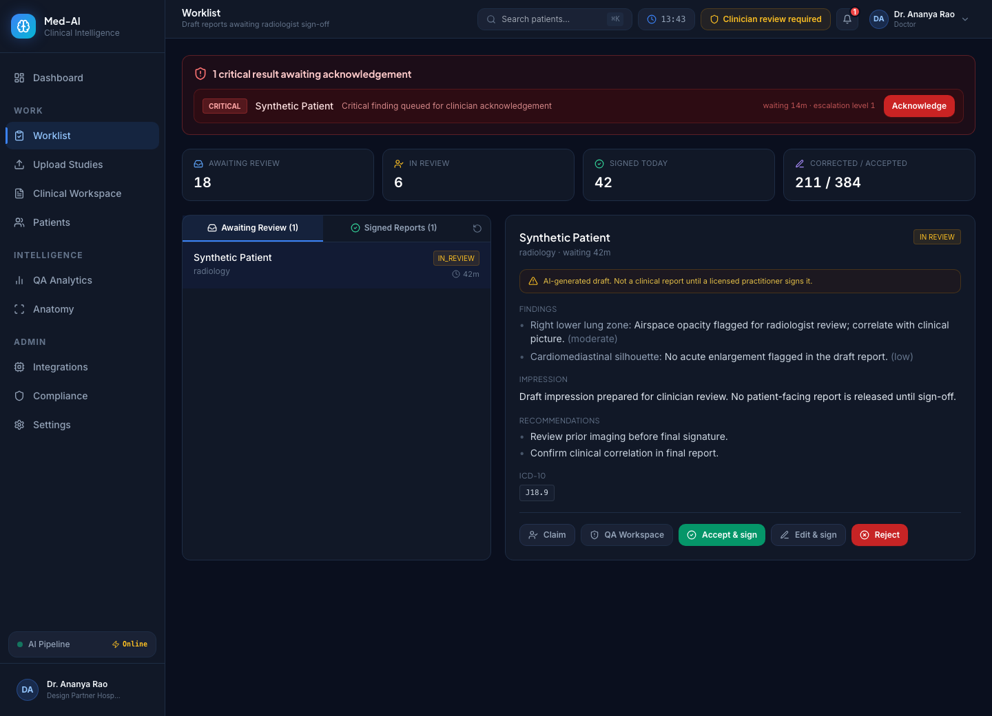 Worklist showing critical result acknowledgement and report review actions